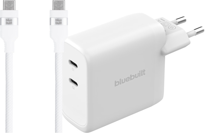 BlueBuilt 100W GaN Oplader met 2 Usb C Poorten Wit + BlueBuilt Usb C Kabel 240W 2m Nylon Main Image