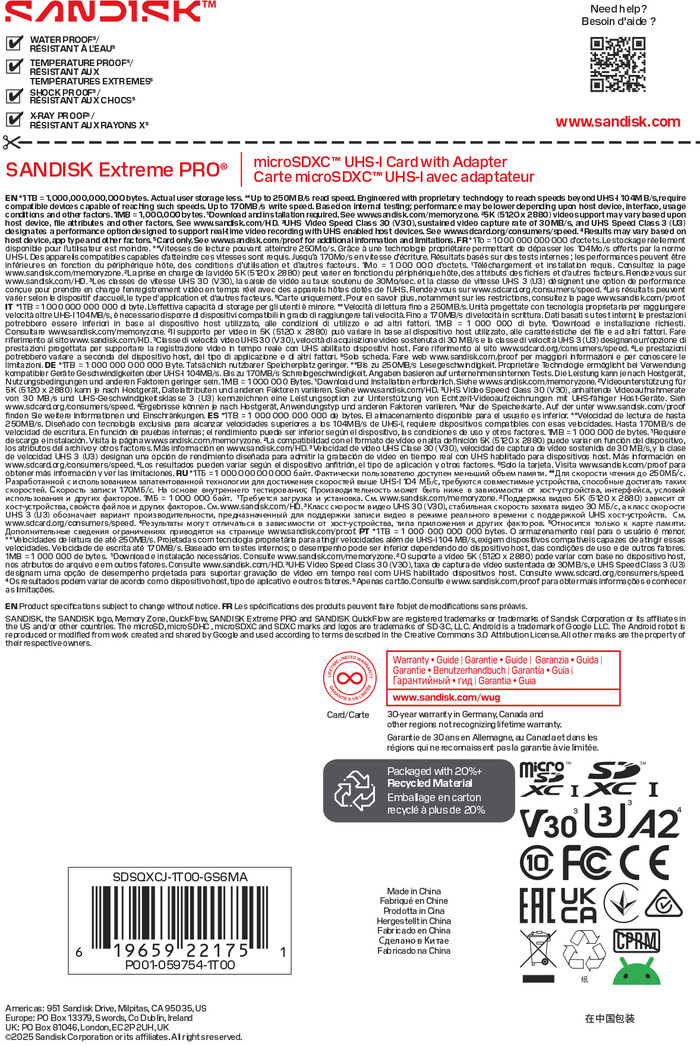 SANDISK Extreme PRO microSDXC 1TB 250MB/s verpakking