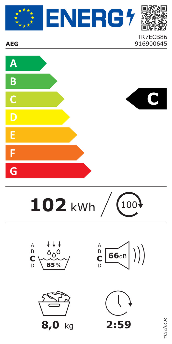 AEG TR7ECB86 7000 SensiDry energielabel
