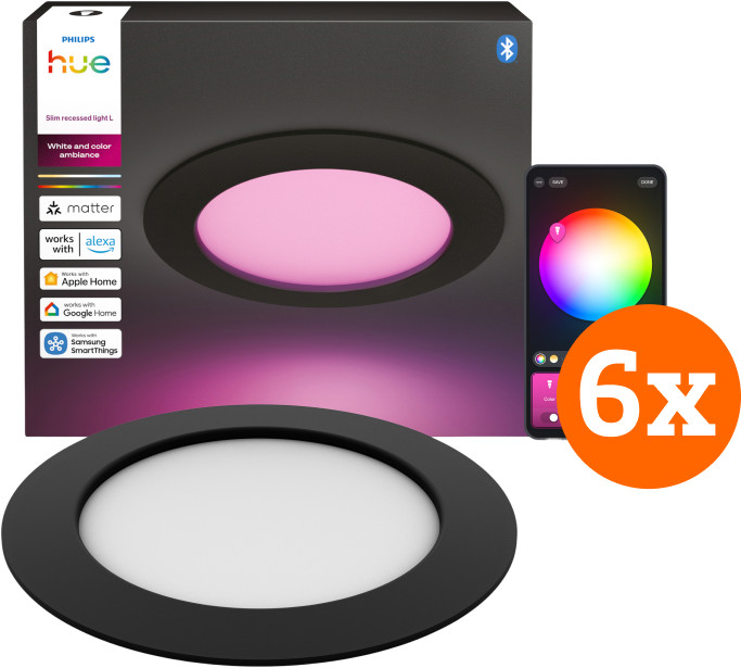 Philips Hue Inbouwspot Slim 6-Pack - White and Color - 170mm - Zwart Main Image