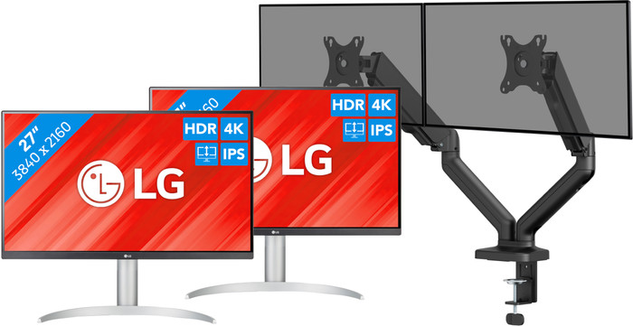 LG 27UP83AK-W Duo Pack + BlueBuilt Monitorarm Mechanische Veer voor 2 Monitoren Main Image