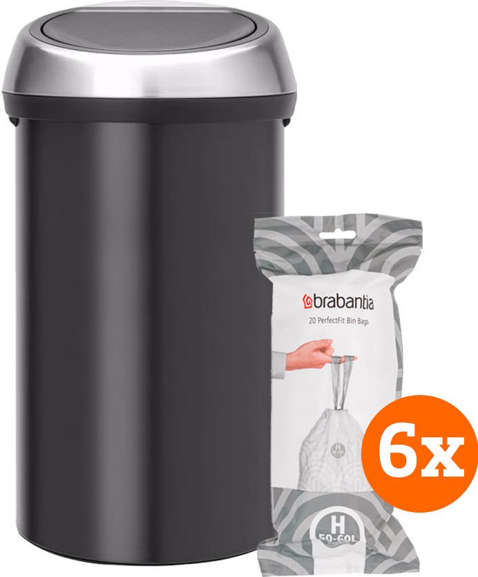 Brabantia Touch Bin 60 Liter Matt Black Fingerprint Proof + Vuilniszakken (120 stuks) Main Image