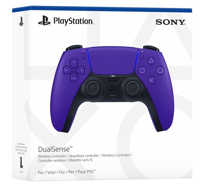 Sony PlayStation 5 DualSense Wireless Controller Galactic Purple + BlueBuilt Charging Dock packaging