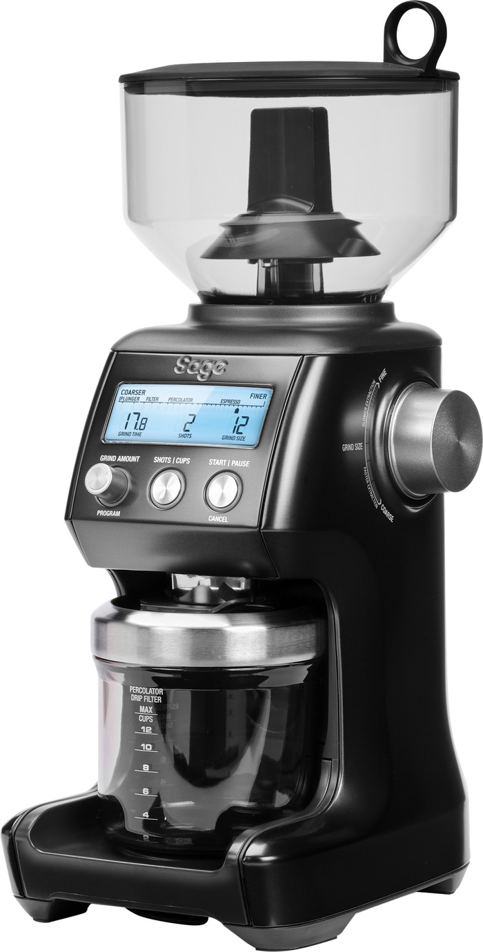 Sage the Bambino Plus Black Stainless + Coffee Grinder left side