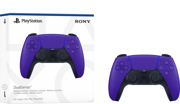 Sony PlayStation 5 DualSense Wireless Controller Galactic Purple + BlueBuilt Charging Dock packaging