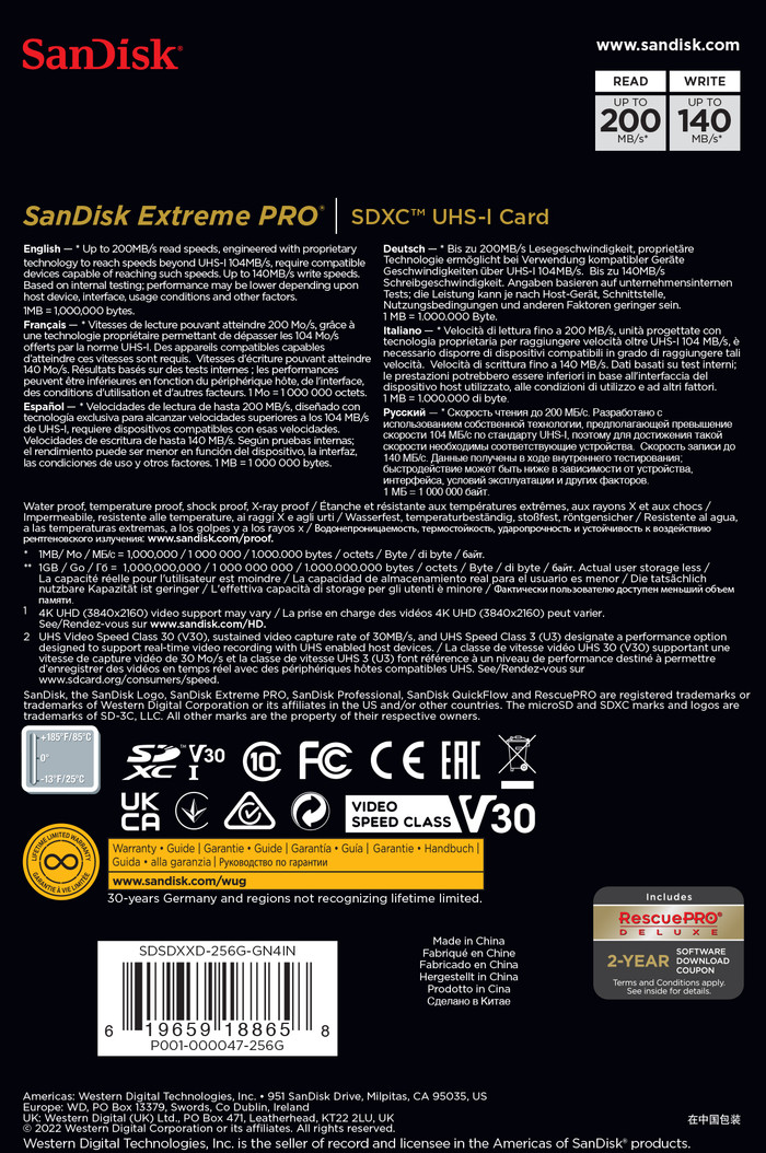 SanDisk SDXC Extreme Pro 256GB 140MB/s packaging