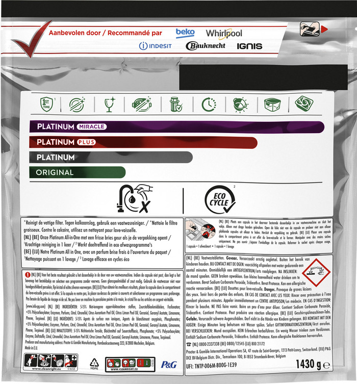 Dreft Vaatwastabletten Platinum All In One Original - Duo Pack (192 stuks) achterkant