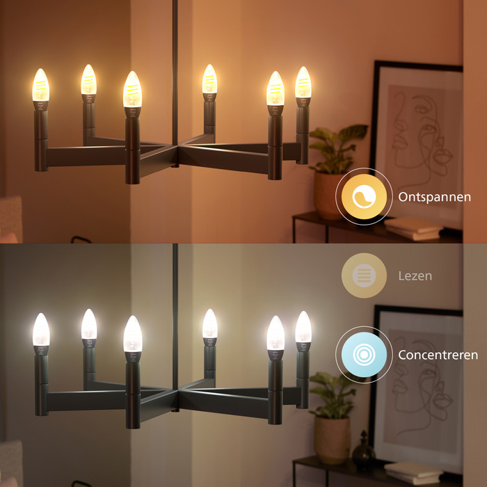 Philips Hue Filamentlamp White Ambiance kaarslamp E14 2-pack product in gebruik
