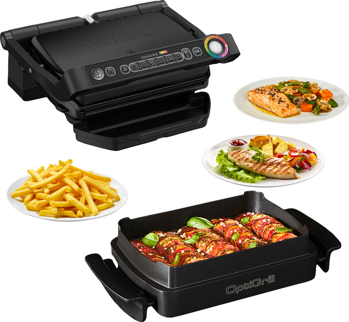 Tefal OptiGrill+ GC7148 + Snacking & Baking accessoire product in gebruik