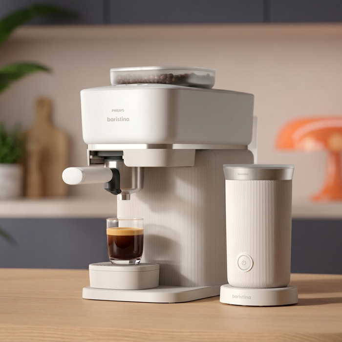 Philips Baristina BAR308/00 Wit + Melkopschuimer product in gebruik