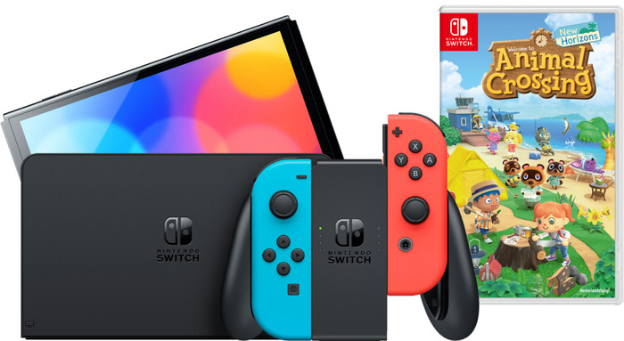Nintendo Switch OLED Blauw/Rood + Animal Crossing New Horizons Main Image