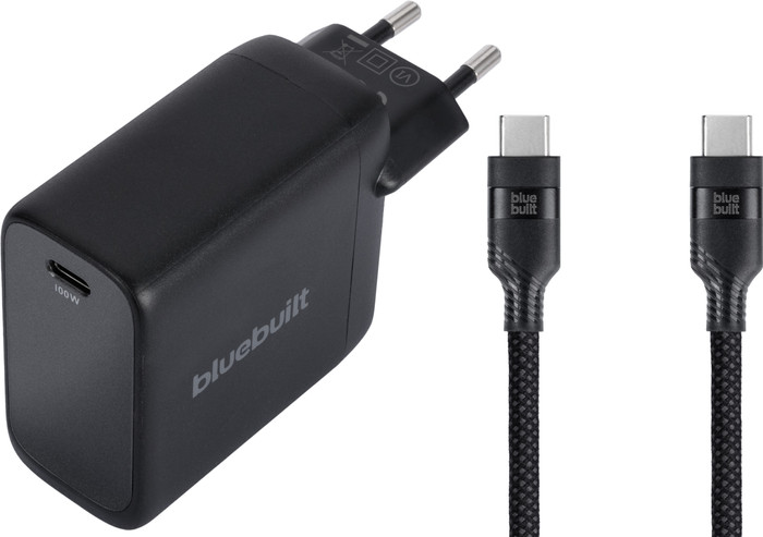 BlueBuilt 100W GaN USB-C Charger Black + USB-C cable 240W 2m Nylon Black Main Image