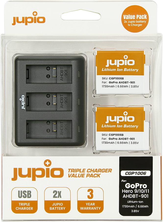 Jupio Kit: Enduro Battery GoPro HERO 10/11/12 AHDBT-901 (2x) + Compact USB Triple Charger verpakking
