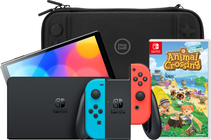 Nintendo Switch OLED Blauw/Rood + Animal Crossing New Horizons + BlueBuilt Beschermhoes Main Image