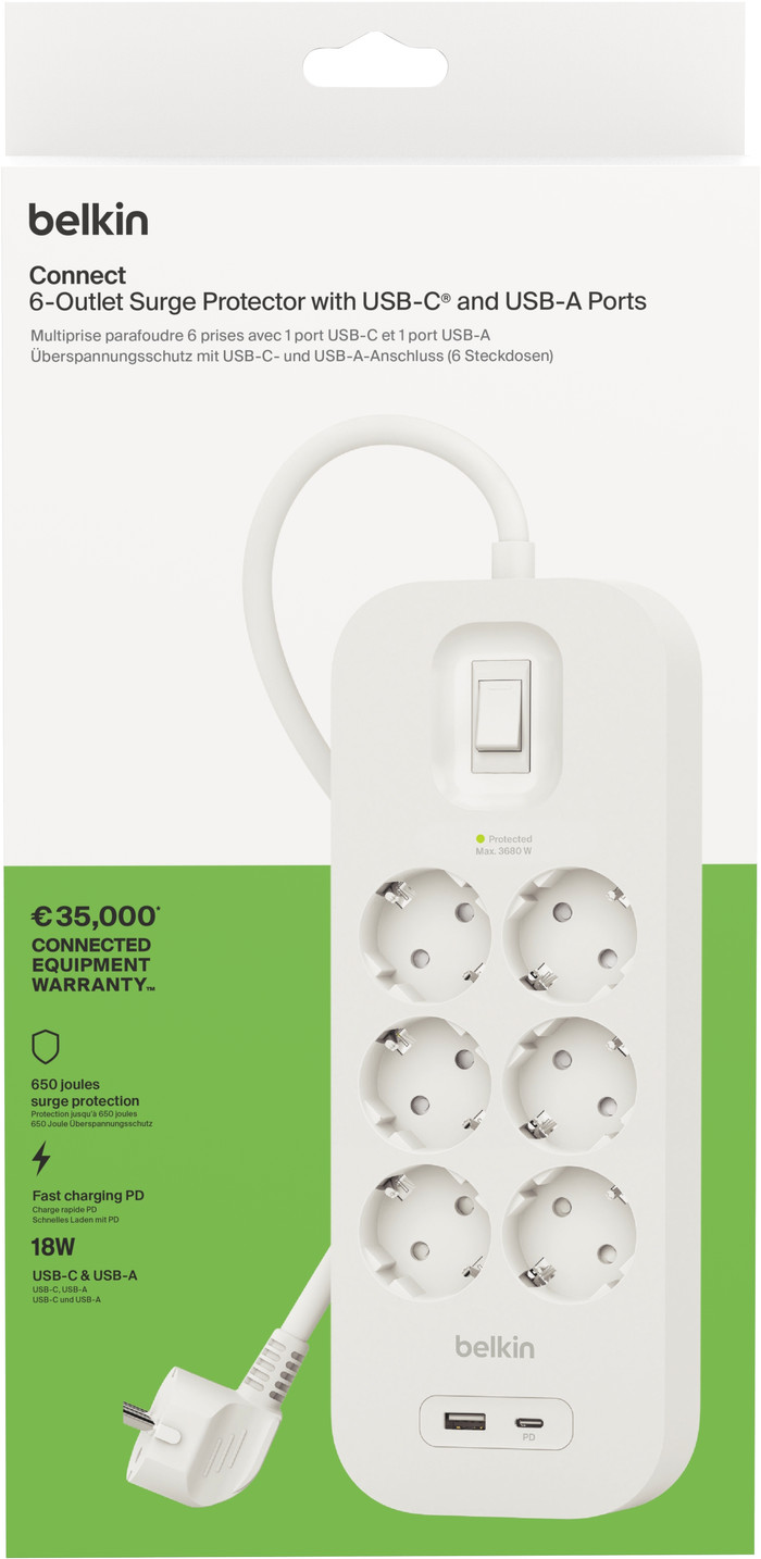 Belkin Stekkerdoos 6-voudig 2 meter met usb A/C 18W Wit verpakking