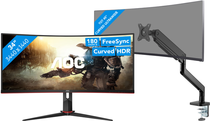 AOC CU34G2XP/BK + BlueBuilt Monitorarm Mechanische Veer voor 1 Ultrawide Monitor Main Image