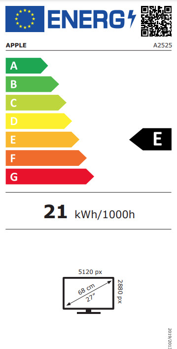 Apple Studio Display Nanotextuur (kantelbare en in hoogte verstelbare standaard) energielabel