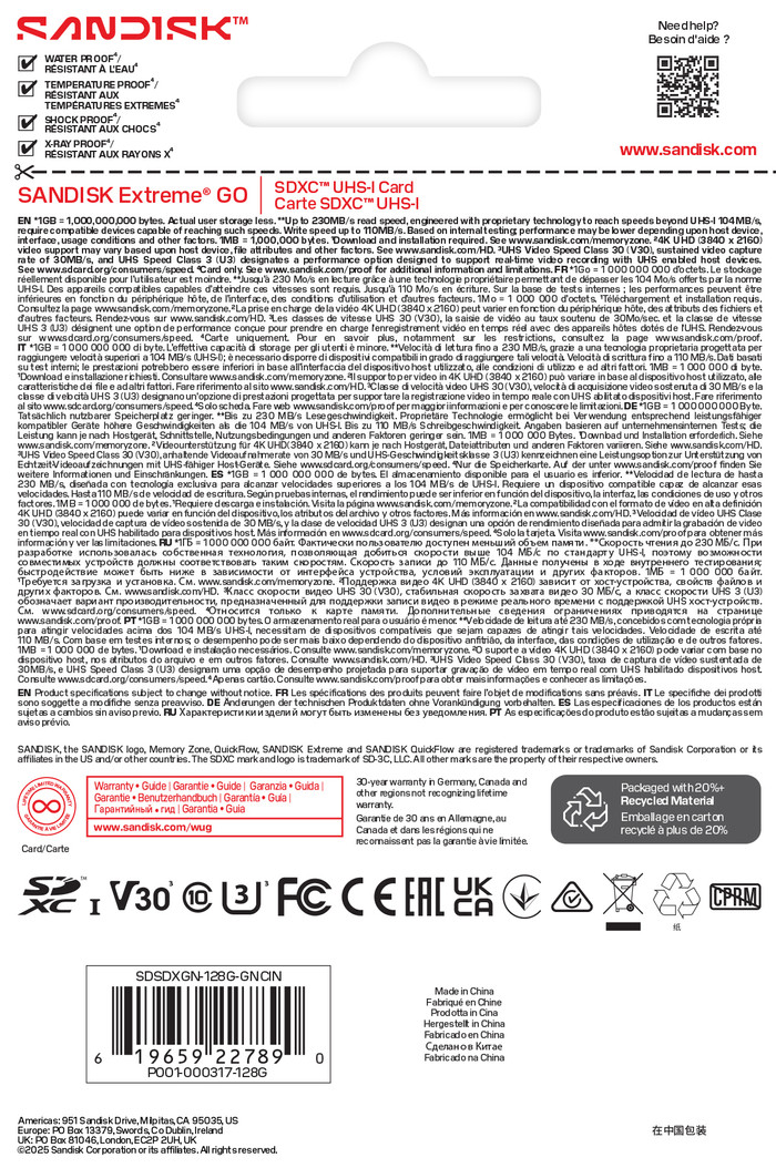 SANDISK Extreme GO SDXC 128GB 110MB/s verpakking