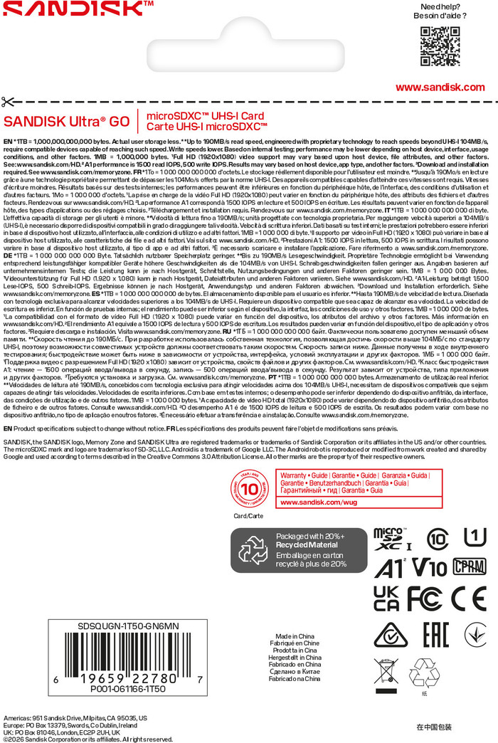 SANDISK Ultra GO microSDXC 1,5TB 190MB/s verpakking