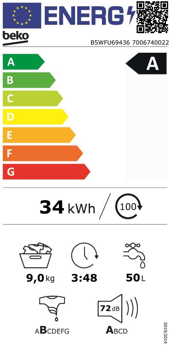 Beko B5WFU69436 EnergySpin energielabel