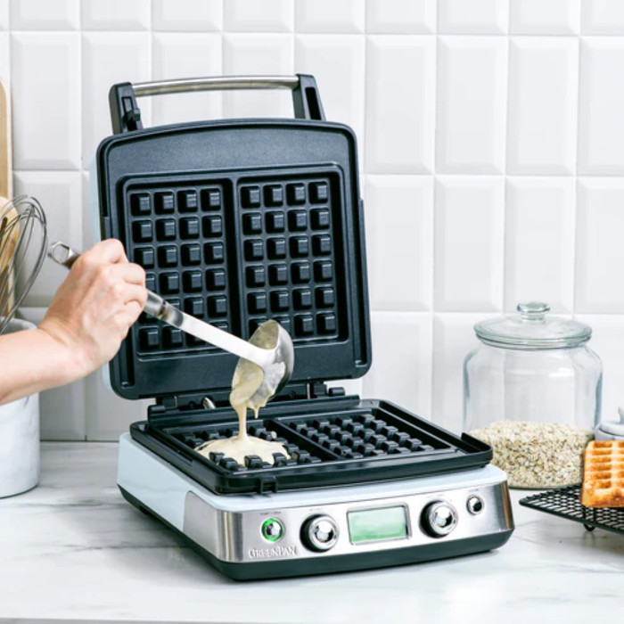 GreenPan Elite Waffle Iron Blue Haze product in use
