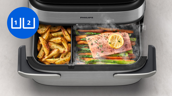 Philips Airfryer 5000 serie Megabasket NA565/02 product in gebruik