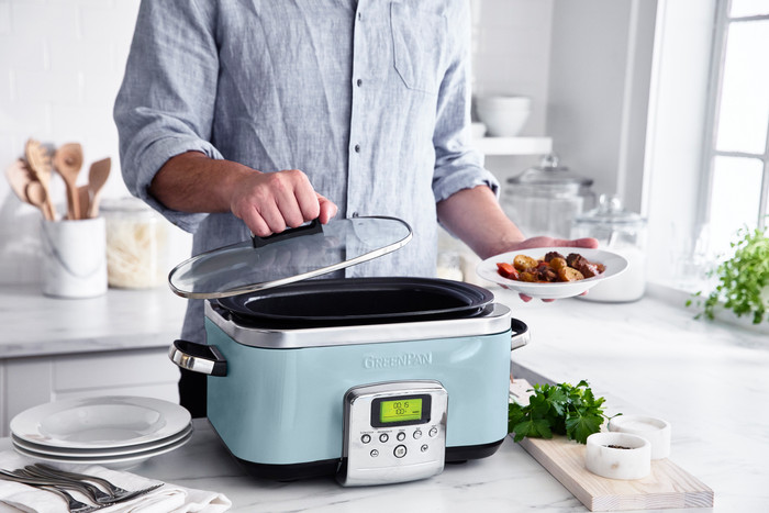 GreenPan Elite Slowcooker Blue Haze 6 Liter product in gebruik