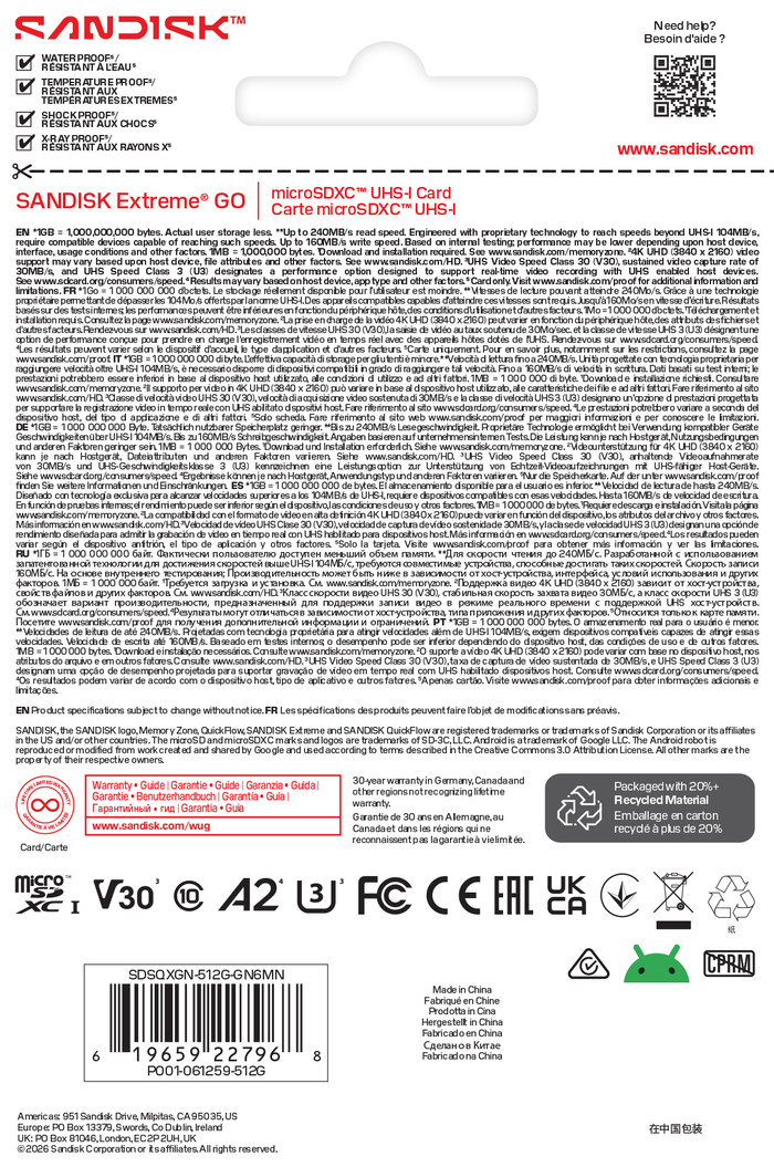 SANDISK Extreme GO microSDXC 512GB 240MB/s verpakking