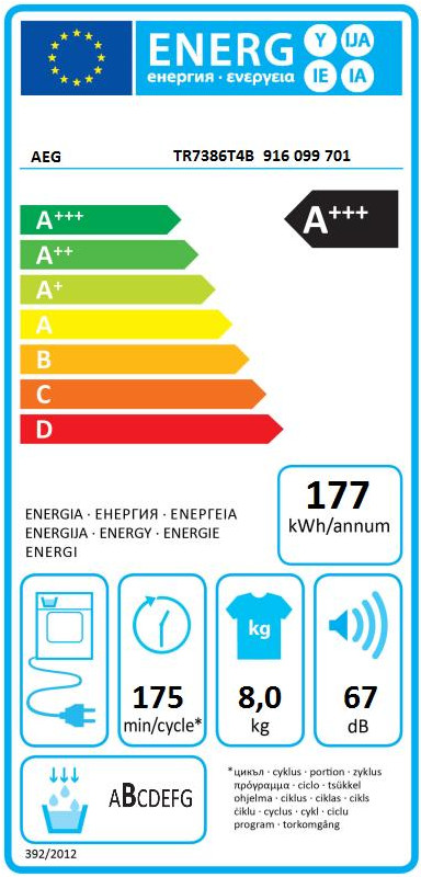 AEG LR7696AAD4 ProSteam + AEG TR7386T4B SensiDry energielabel