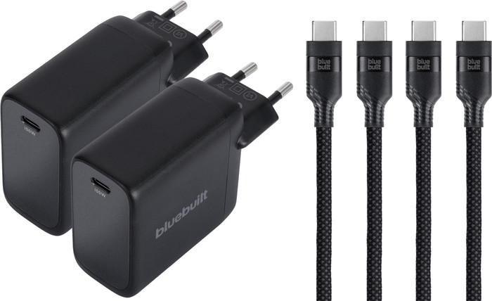 BlueBuilt 100W GaN USB-C Charger Black + USB-C cable 240W 2m Nylon Black Duo Pack Main Image