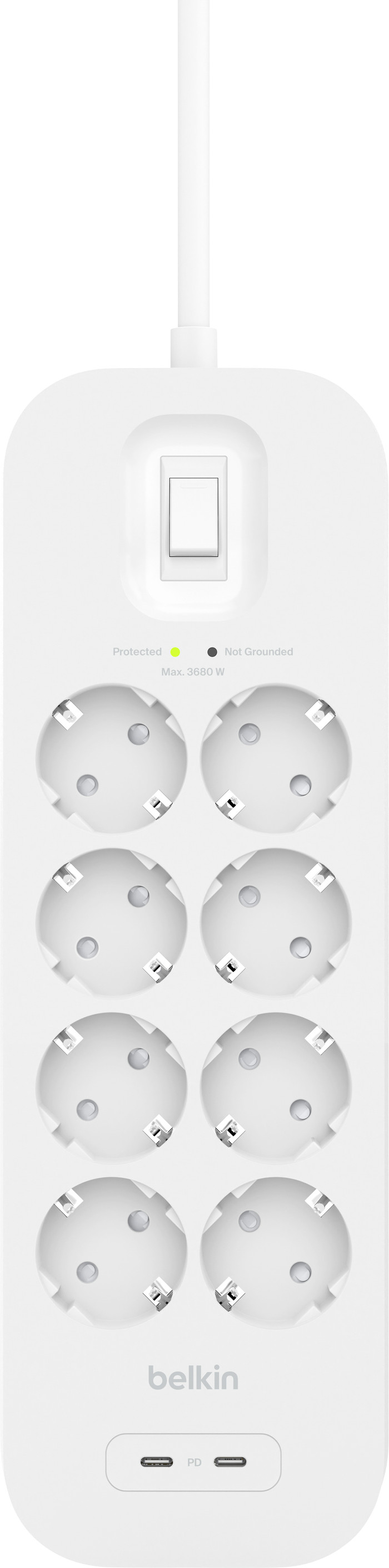 Belkin Surge Protection 8 Outlet 2 Meter Dual Usb C 30W PD Wit voorkant