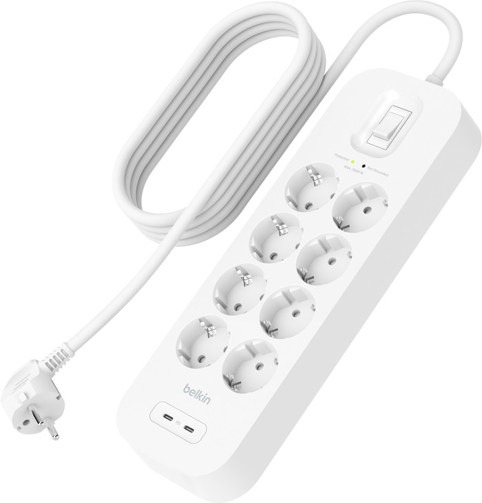 Belkin Surge Protection 8 Outlet 2 Meter Dual Usb C 30W PD Wit rechterkant