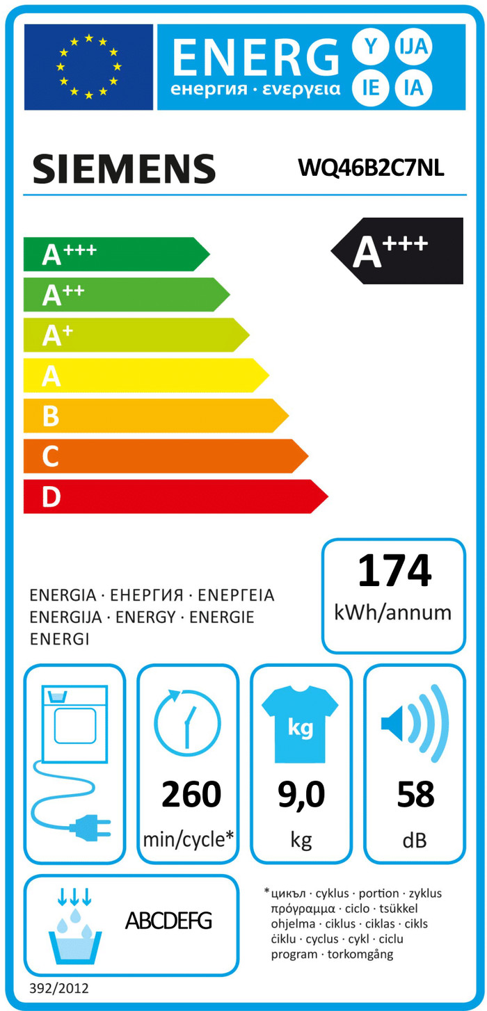 Siemens WQ46B2C7NL SelfCleaning energy label