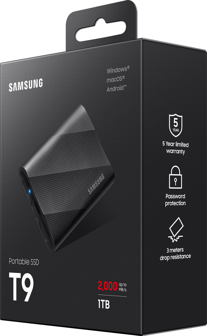 Samsung T9 Portable SSD 1TB Zwart verpakking