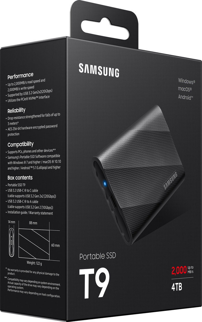 Samsung T9 Portable SSD 4TB Zwart verpakking