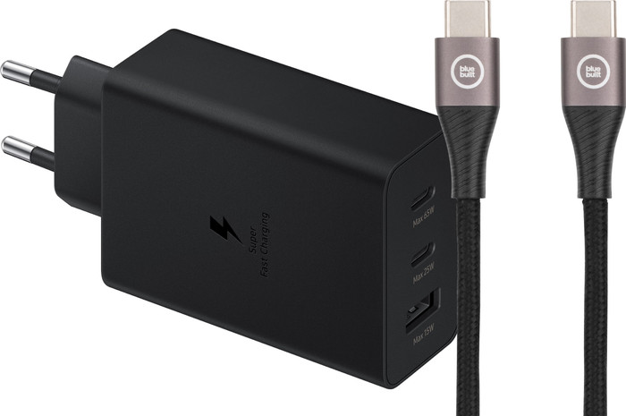 Samsung Oplader met 3 Usb Poorten 65W Zwart + Usb C Kabel Nylon Zwart 1,5m Main Image