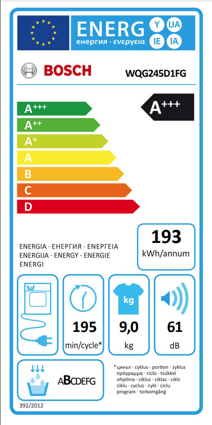 Bosch WGG246FCFG i-DOS + Bosch WQG245D1FG energy label