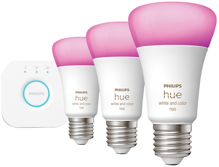 Philips Hue White and Color Startpakket E27 3-pack + Solo Lightstrip 3m voorkant