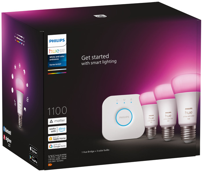 Philips Hue White and Color Startpakket E27 3-pack + Solo Lightstrip 3m verpakking