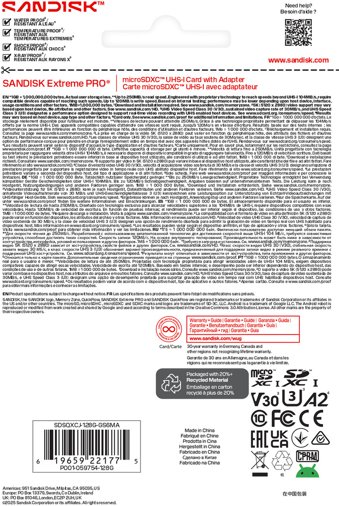 SANDISK Extreme PRO microSDXC 128GB 250MB/s verpakking