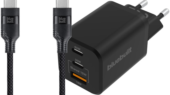 BlueBuilt Power Delivery Oplader 2 Usb C Poorten 65W + Usb C Kabel 3m Nylon Zwart Main Image