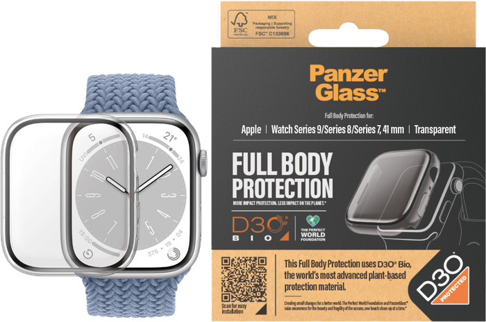 PanzerGlass Full Body Apple Watch 41mm Screenprotector Transparant product in gebruik