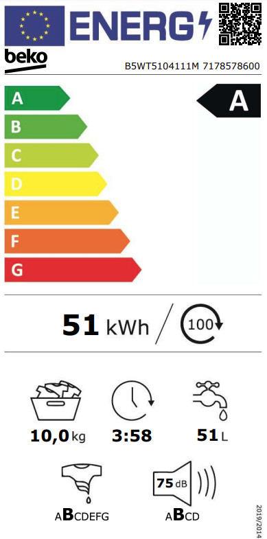 Beko B5WT5104111M SaveWater energielabel