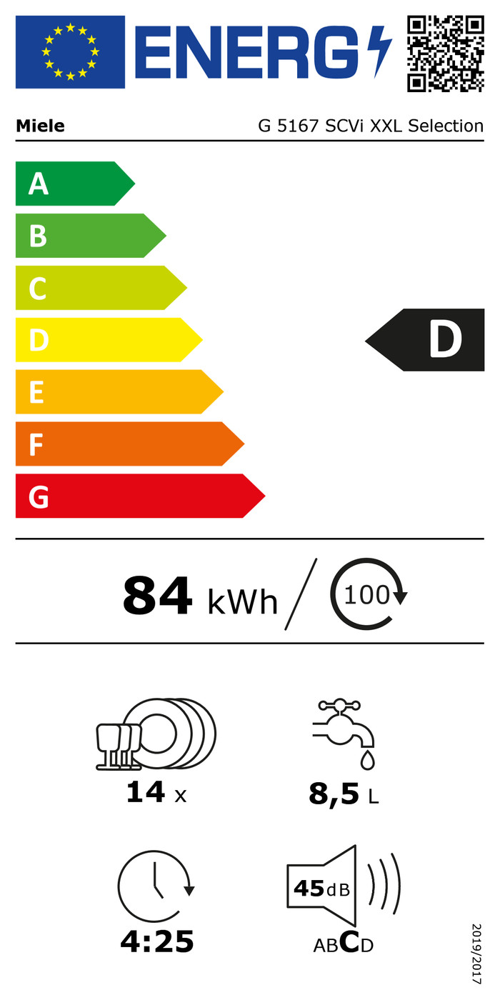 Miele G 5167 SC Vi XXL / Inbouw / Volledig geïntegreerd / Nishoogte 84,5 - 91 cm energielabel