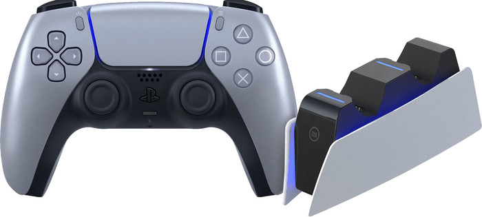 Sony Playstation 5 DualSense Draadloze Controller SterlingSilver + BlueBuilt oplaadstation Main Image