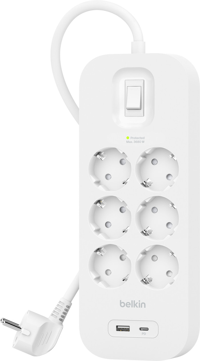 Belkin Stekkerdoos 6-voudig 2 meter met usb A/C 18W Wit Main Image