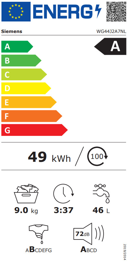 Siemens WG44J2A7NL intelligentDosing energielabel