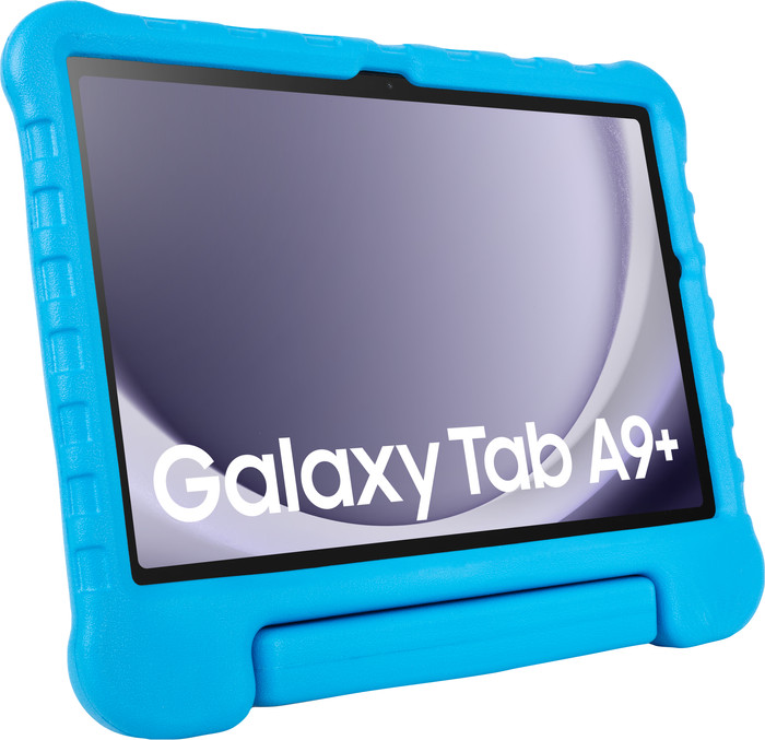 Samsung Galaxy Tab A9 Plus 11 inch 128GB Wifi en 5G Grijs + BlueBuilt Kids Cover Blauw voorkant