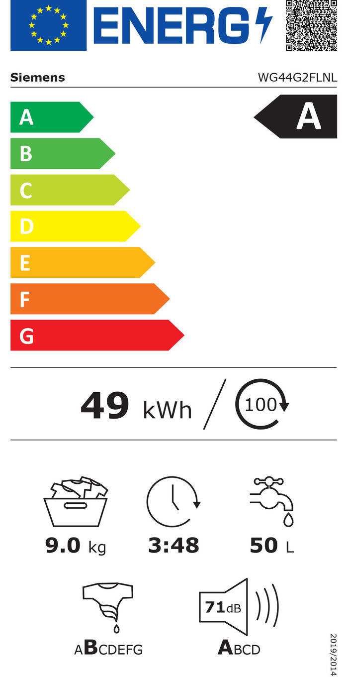 Siemens WG44G2FLNL intelligentDosing energielabel