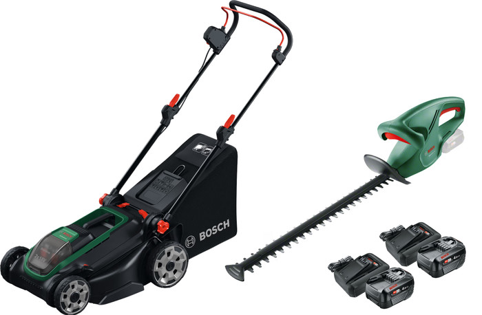 Bosch Rotak 18V2-43 + Bosch EasyHedgeCut 18-45 Li + Bosch Starterset 18V 4,0 Ah (2x) Main Image